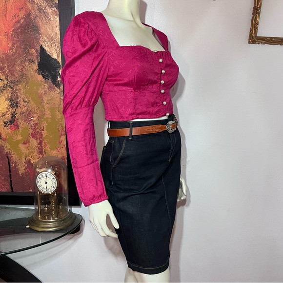 Anthropologie Rahi Rahi square Neck Puffy Sleeve Brocade Crop Top Pink small AB - Picture 9 of 11